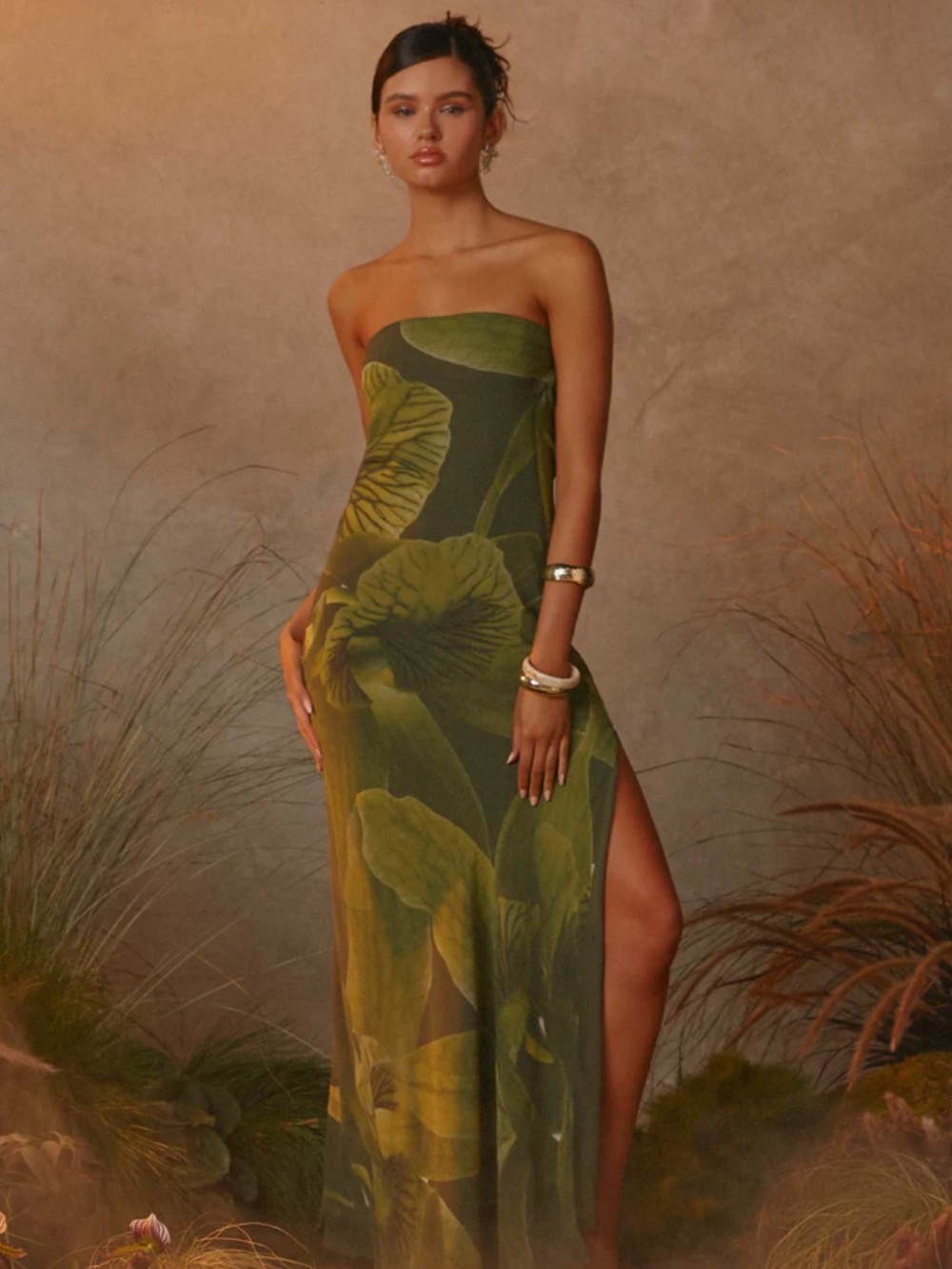 Peppermayo Olive Green Floral Tropical Leaves Strapless Nettle Maxi Dress - Picture 3 of 13